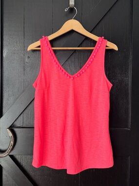 Lilly Pulitzer Hot Pink Gigi Pom Pom V-Neck Cotton Slub Knit Tank M